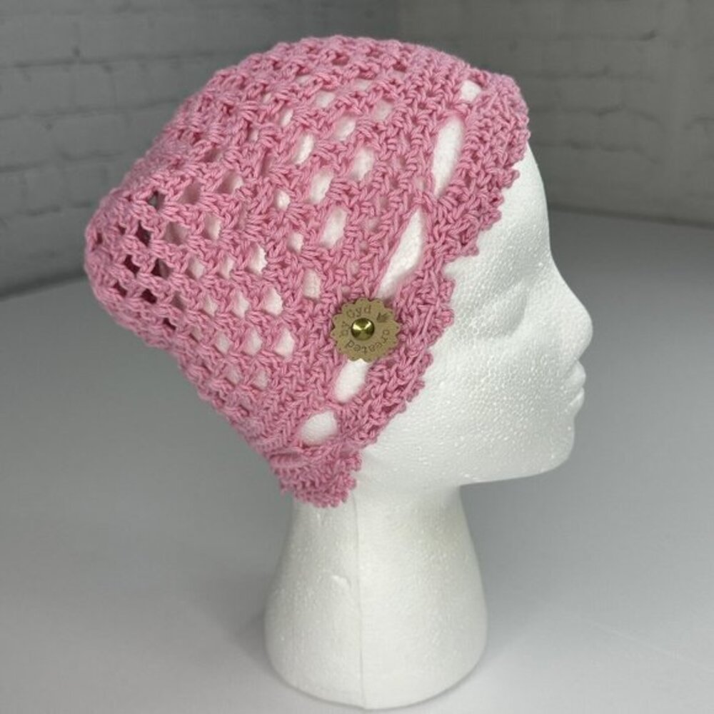 Created by Cyd Juliet‎ Pink Crochet Beanie Cotton Open Weave Scalloped Hat NEW